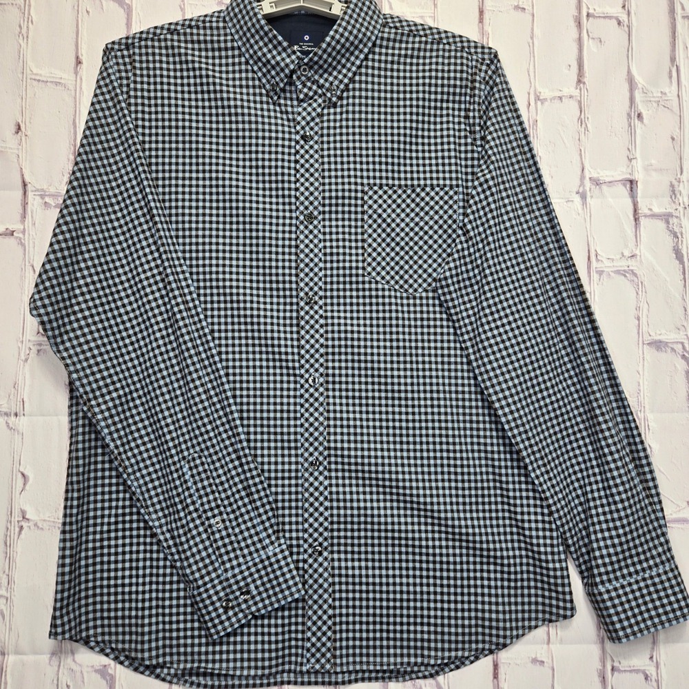 Ben Sherman Mens Gingham Button Down Shirt Blue Brown Long Sleeve Stretch Large